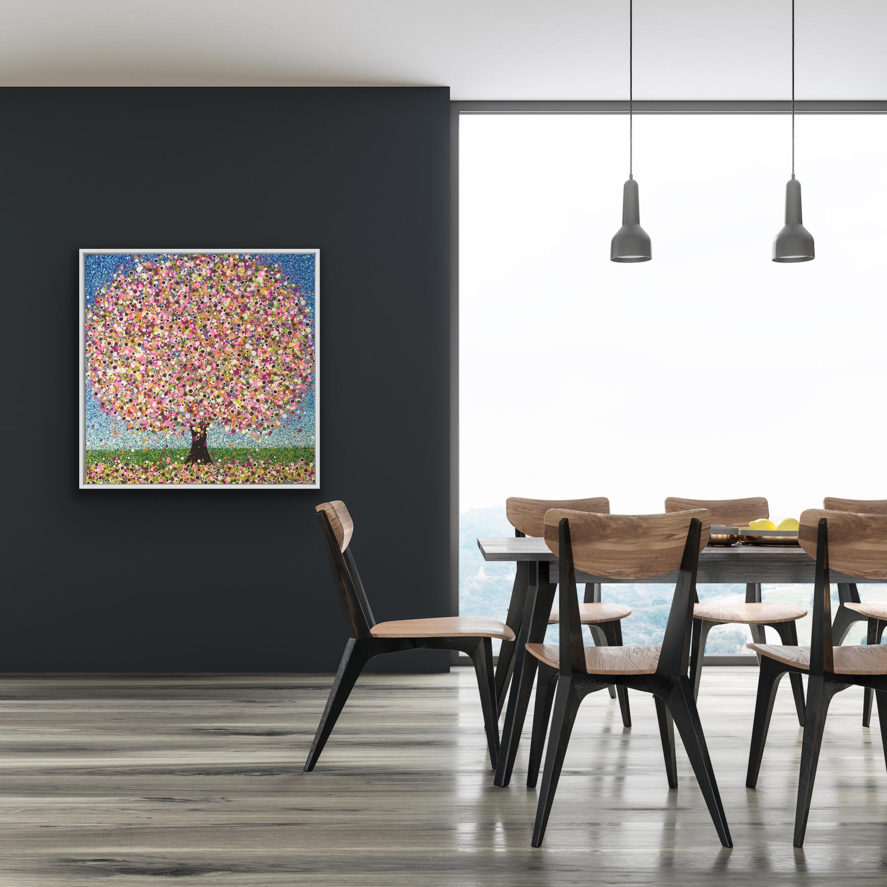 Original Acrylic Painting by Sarah Pye

A beautiful tree full of colourful buds of pinks, greens, browns and white. The tree is carpeted with more colourful buds on a green ground. The tree stands alone against a delightful blue and white