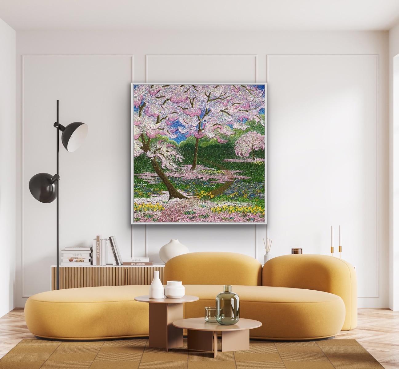 Huerto de confeti, Pintura original, Paisaje, Arte arbóreo, Árbol rosa 5