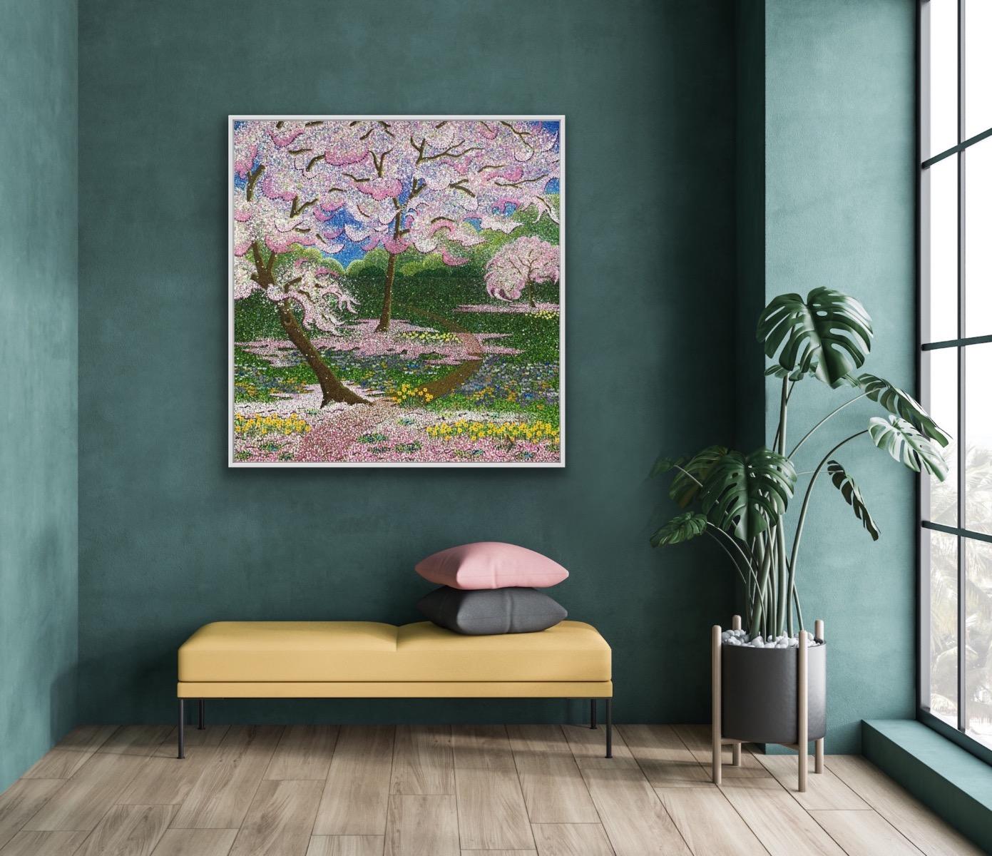 Huerto de confeti, Pintura original, Paisaje, Arte arbóreo, Árbol rosa 6