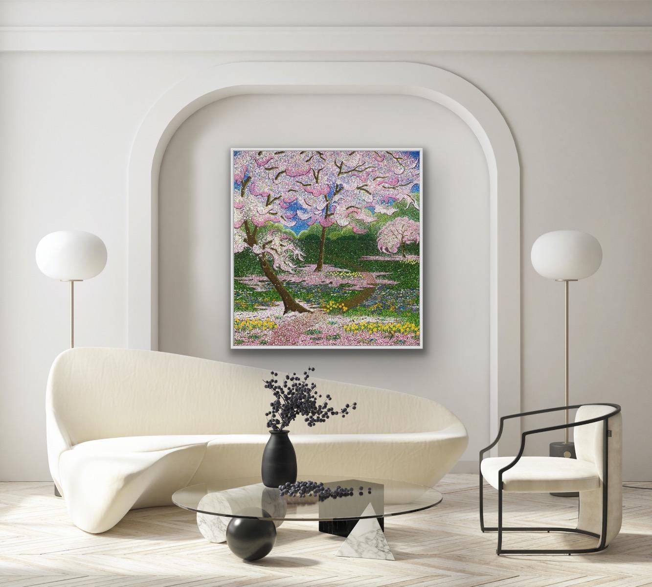 Huerto de confeti, Pintura original, Paisaje, Arte arbóreo, Árbol rosa 7