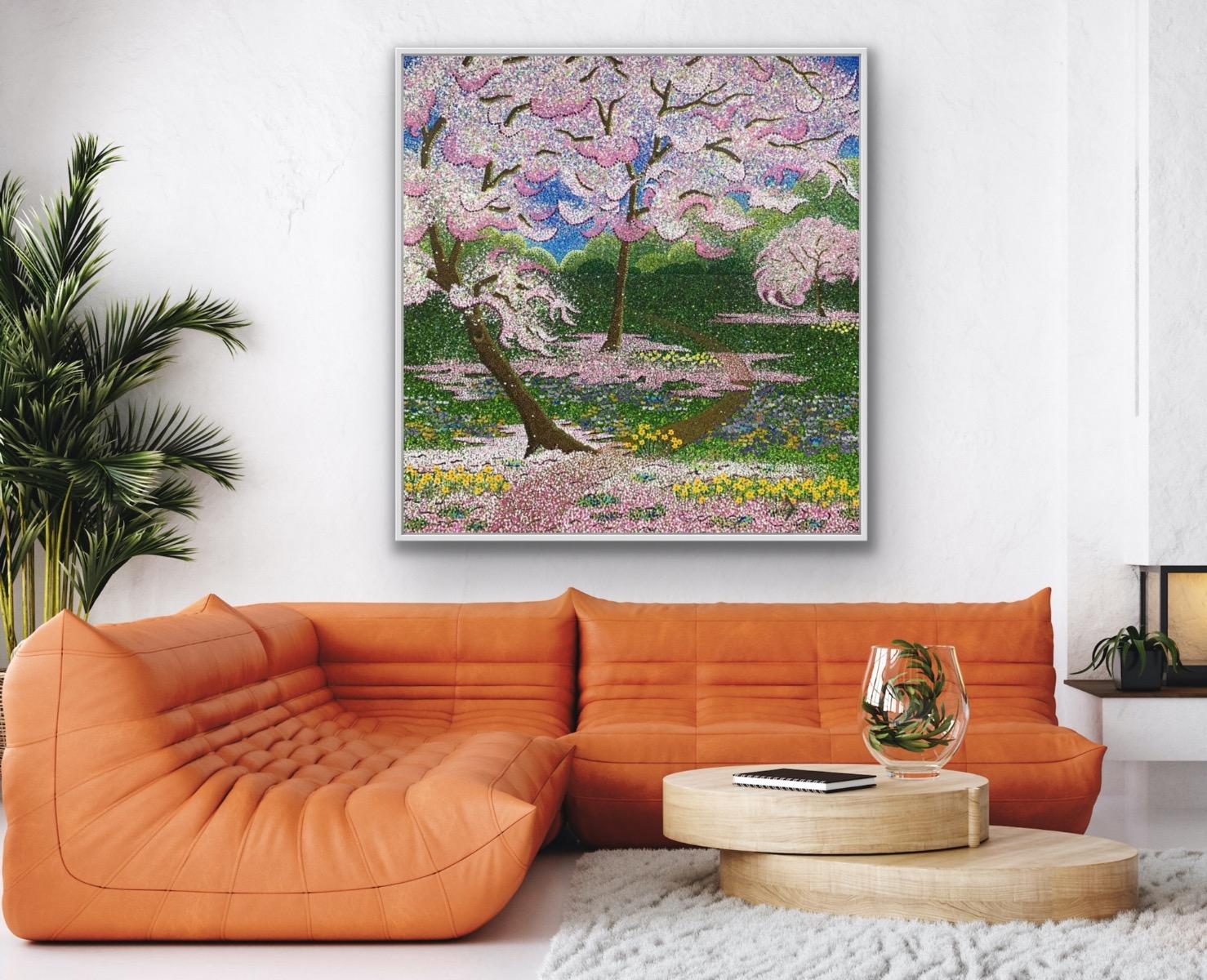 Huerto de confeti, Pintura original, Paisaje, Arte arbóreo, Árbol rosa 8