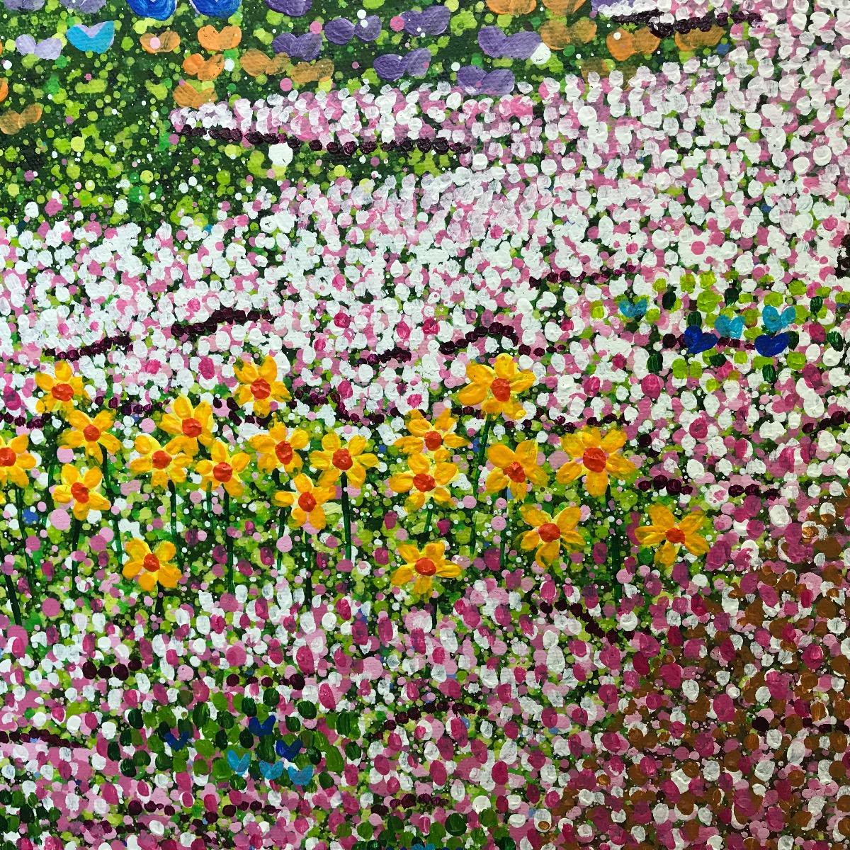 Huerto de confeti, Pintura original, Paisaje, Arte arbóreo, Árbol rosa - Painting de Sarah Pye