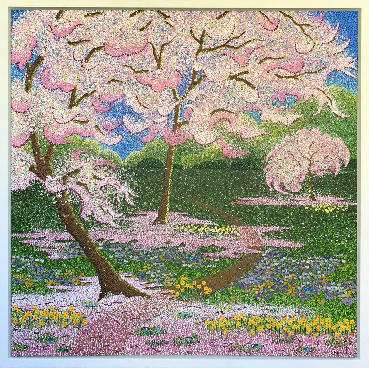 Huerto de confeti, Pintura original, Paisaje, Arte arbóreo, Árbol rosa - Landscape Painting Gris de Sarah Pye