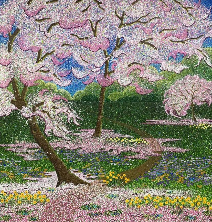 Huerto de confeti, Pintura original, Paisaje, Arte arbóreo, Árbol rosa 1
