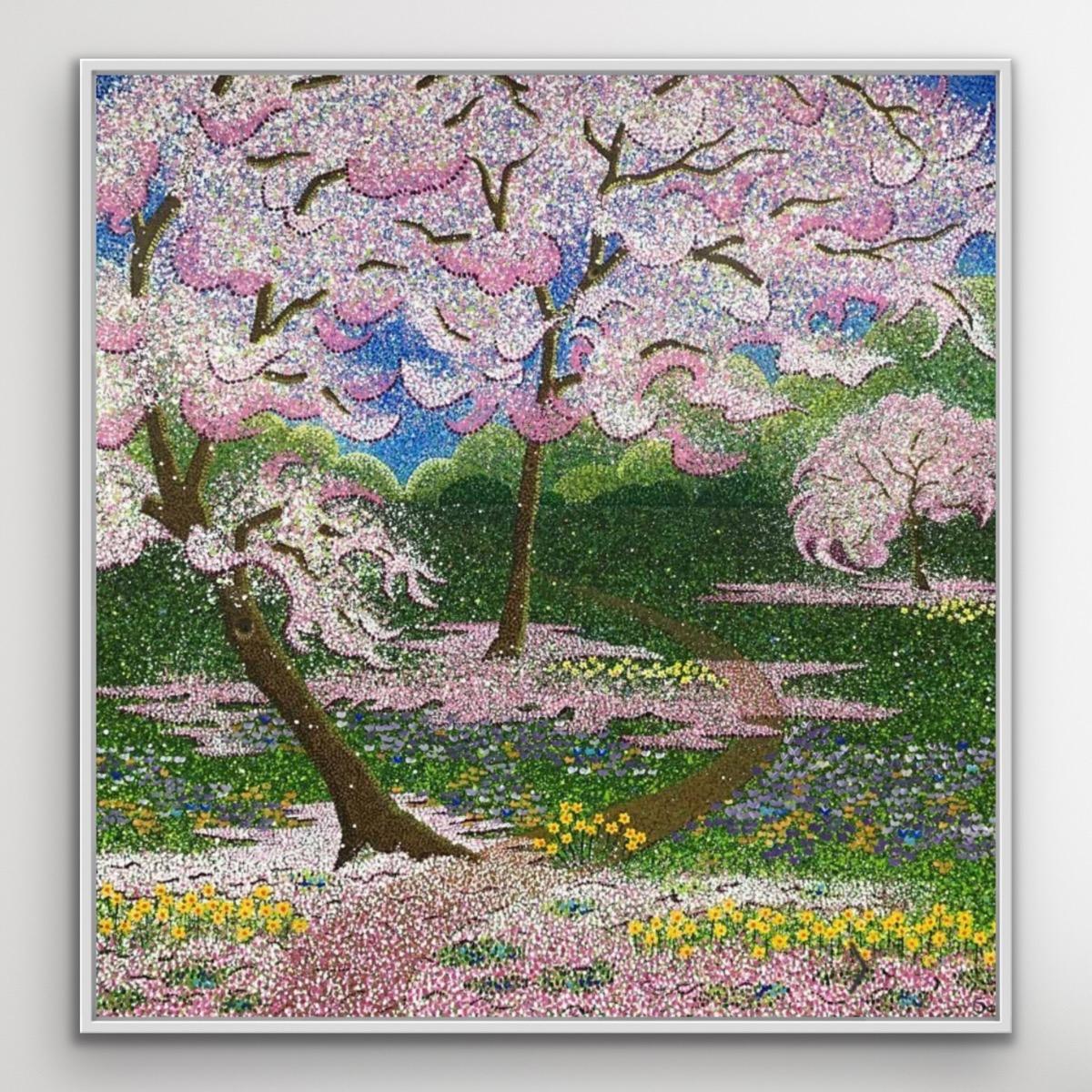 Huerto de confeti, Pintura original, Paisaje, Arte arbóreo, Árbol rosa 3