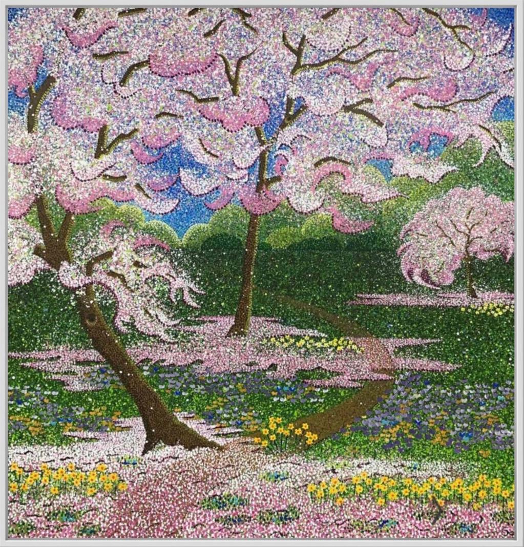 Huerto de confeti, Pintura original, Paisaje, Arte arbóreo, Árbol rosa 4