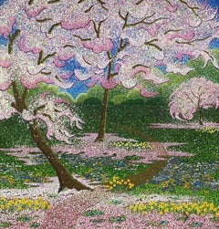Huerto de confeti, Pintura original, Paisaje, Arte arbóreo, Árbol rosa