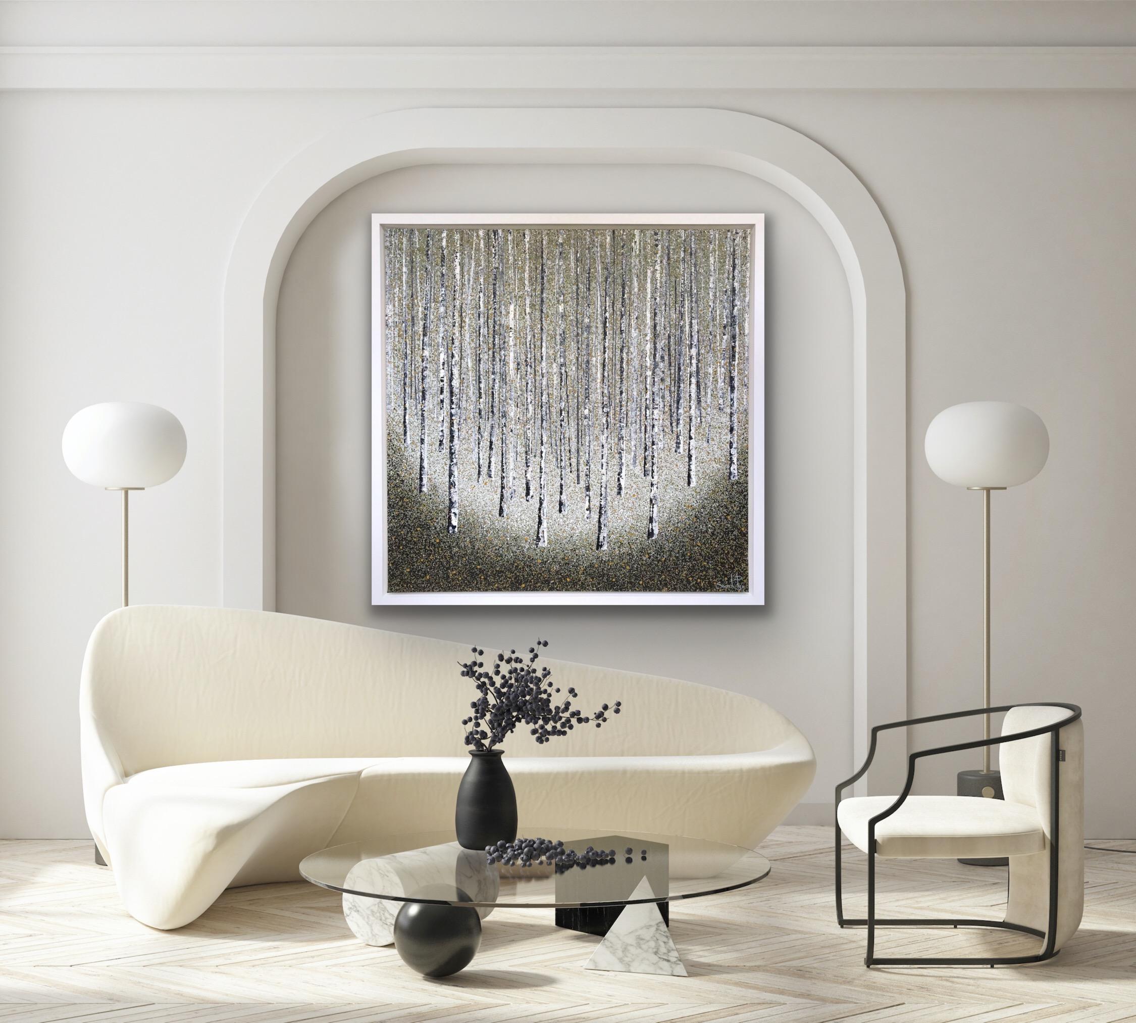 Silver Peace, Original painting, Birch Trees, Forest, Nature art, Framed acrylic For Sale 9