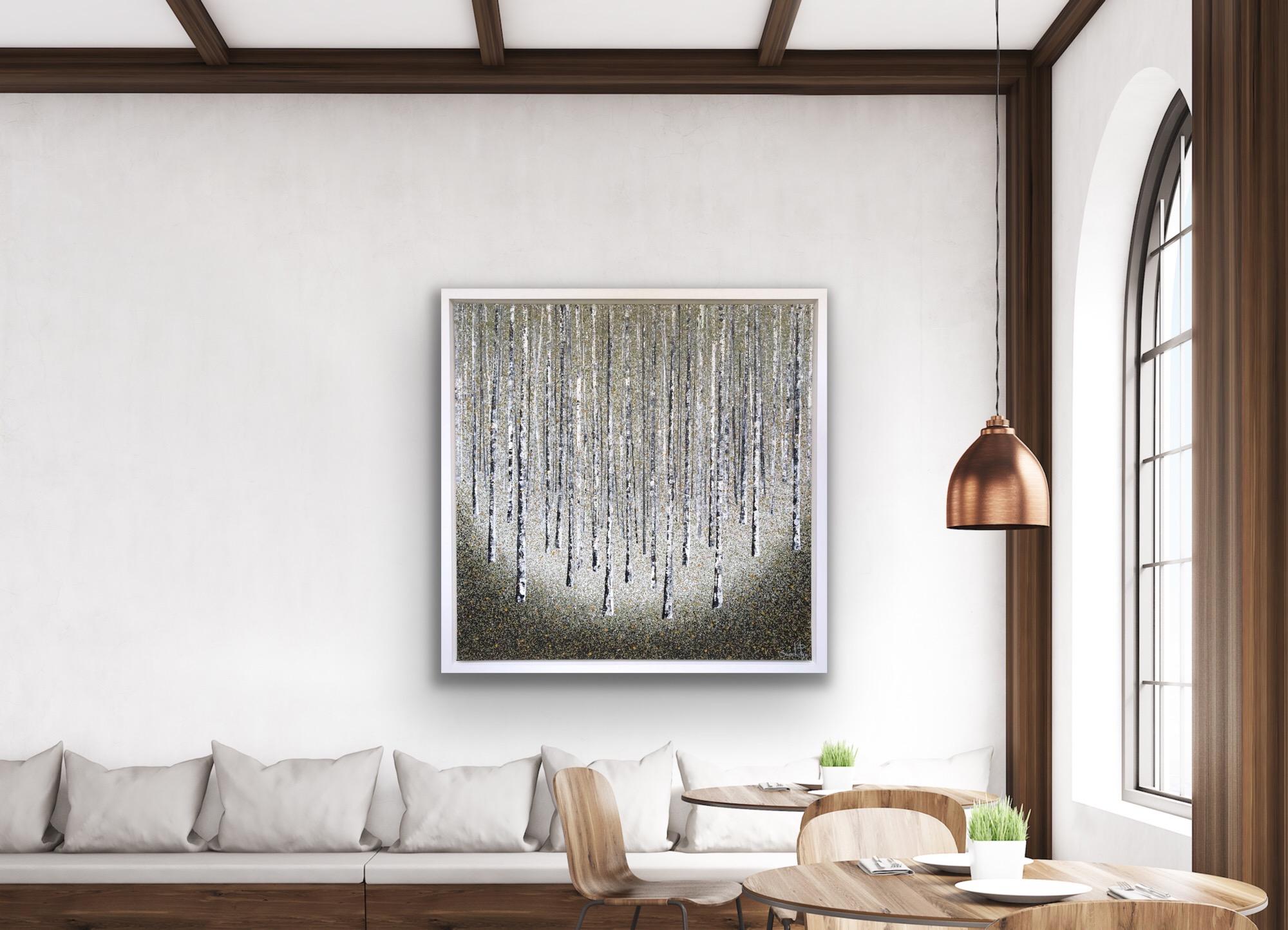 Silver Peace, Original painting, Birch Trees, Forest, Nature art, Framed acrylic For Sale 10