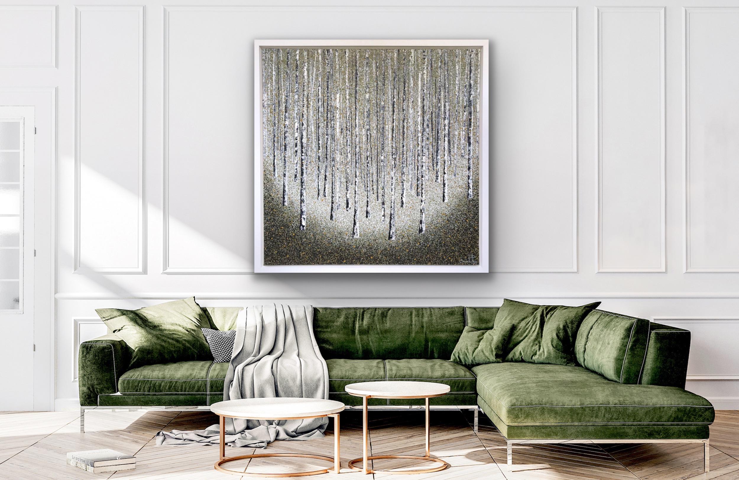 Silver Peace, Original painting, Birch Trees, Forest, Nature art, Framed acrylic - Painting by Sarah Pye