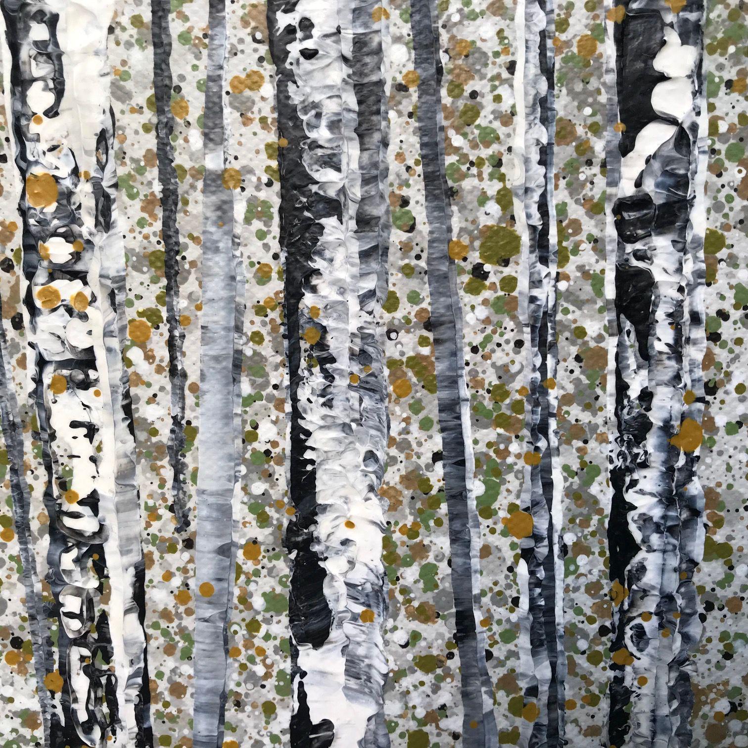 Silver Peace, Original painting, Birch Trees, Forest, Nature art, Framed acrylic - Contemporary Painting by Sarah Pye