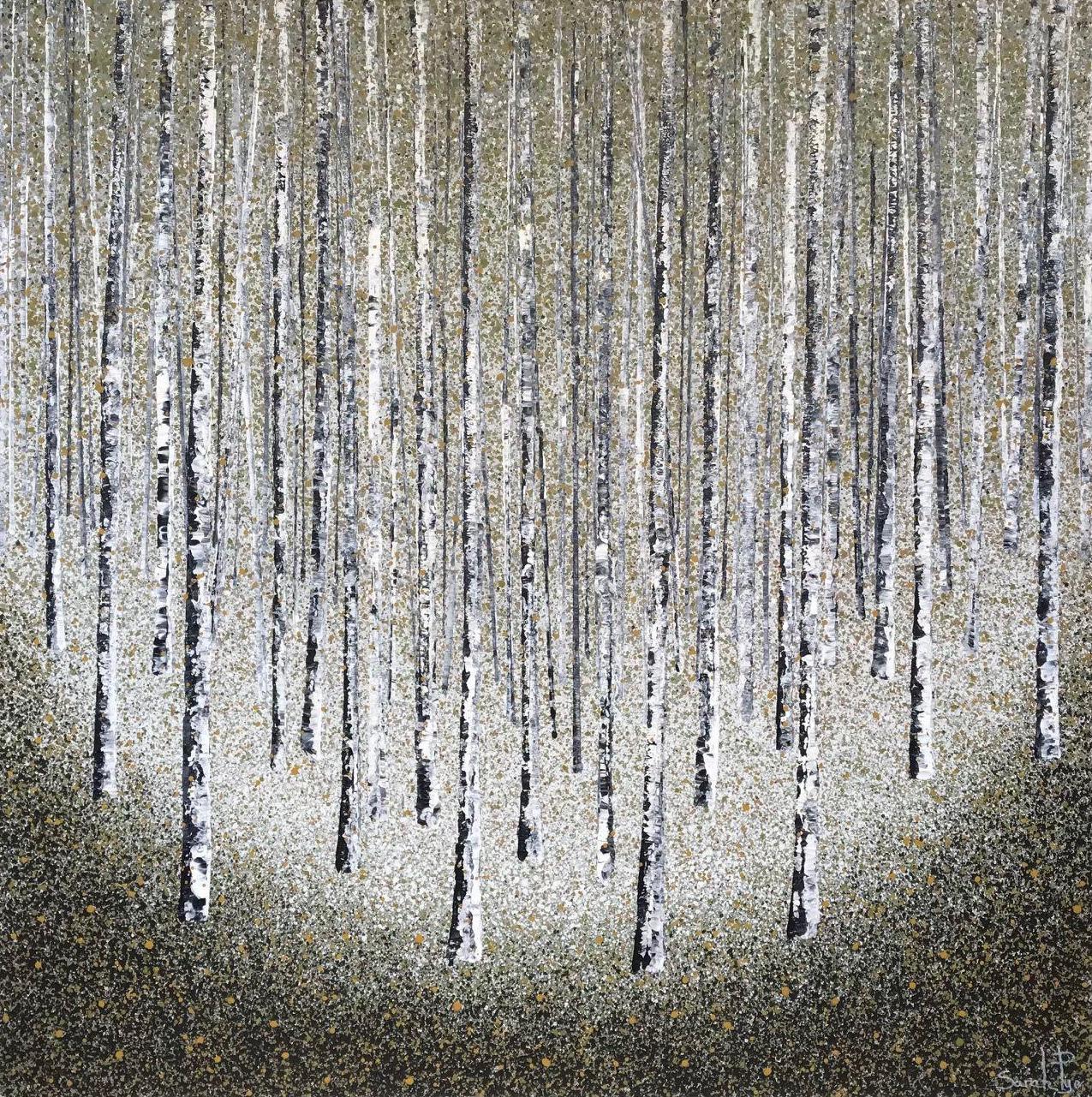 An original acrylic painting of a silver birch trees. The canvas is splattered in whites, greys, yellows, greens and black, forming a beautiful detailed and vibrant forest.

ADDITIONAL INFORMATION:
Silver Peace by Sarah Pye [2024]
Original
