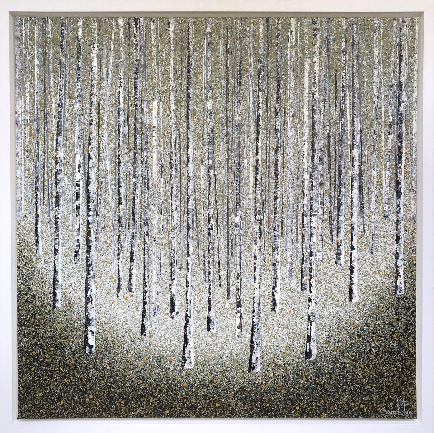 Sarah Pye Abstract Painting – Silver Peace, Originalgemälde, Birken, Wald, Nature art, Gerahmtes Acryl