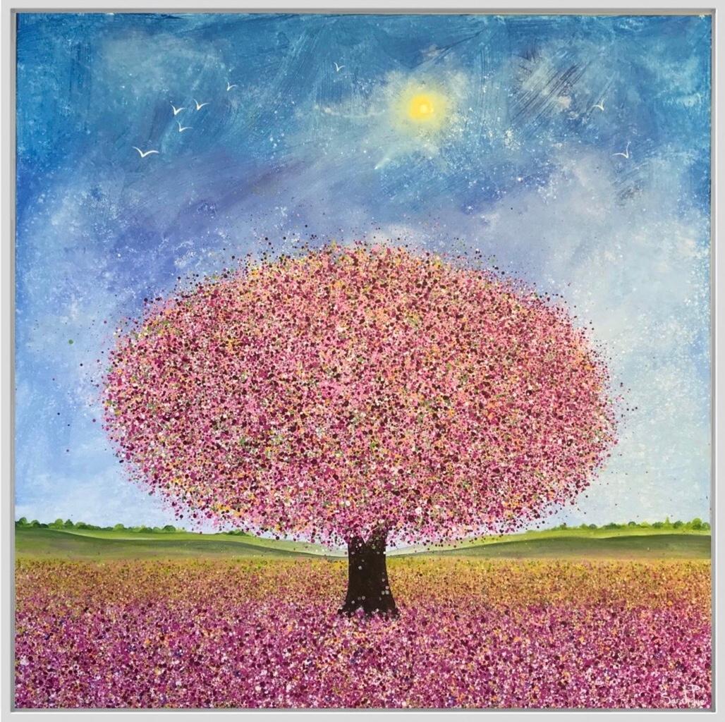 Ala blanca y flor de primavera, Pintura original, Paisaje, Arte arbóreo, Árbol rosa - Painting de Sarah Pye