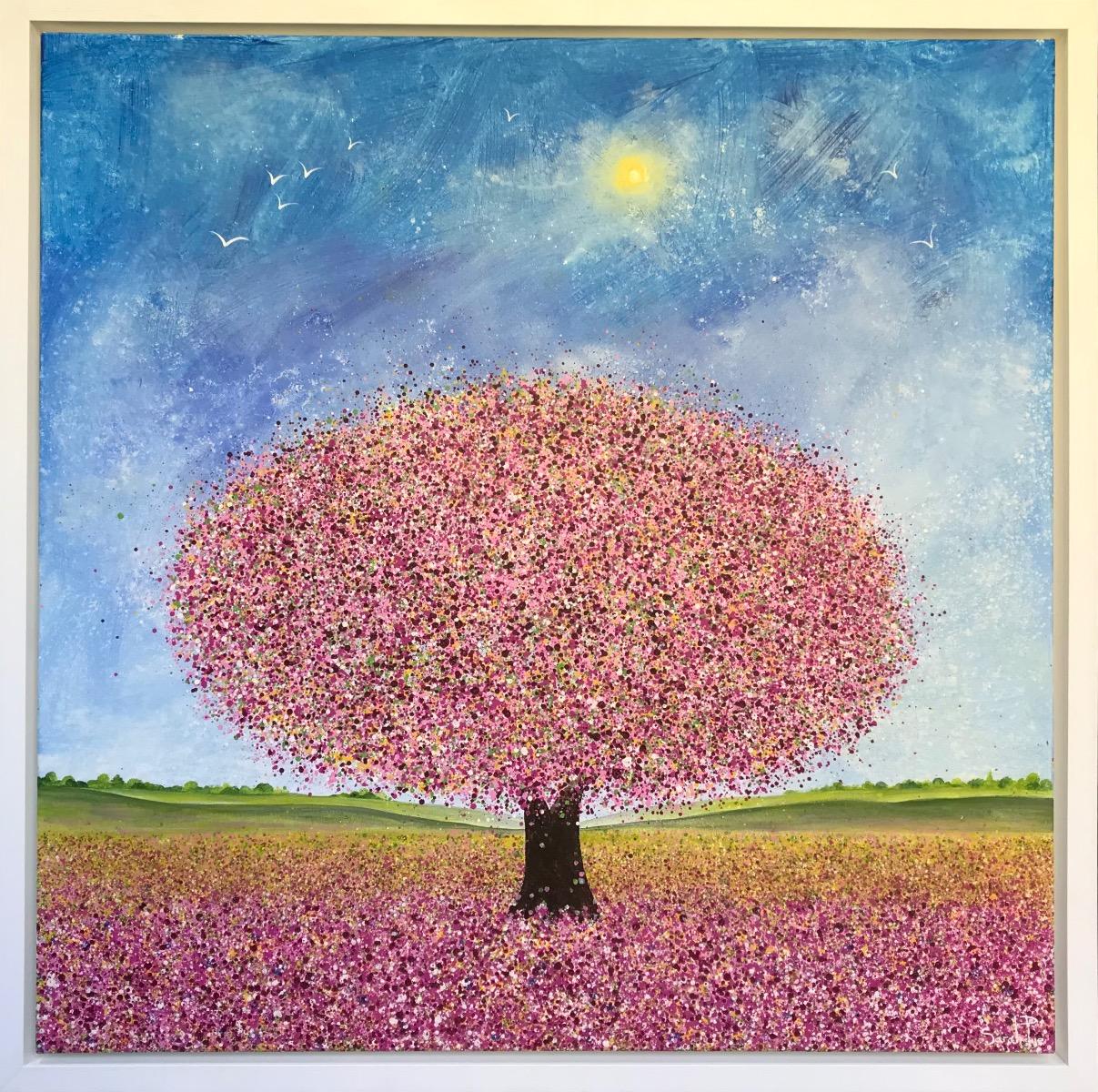 Ala blanca y flor de primavera, Pintura original, Paisaje, Arte arbóreo, Árbol rosa - Landscape Painting Gris de Sarah Pye