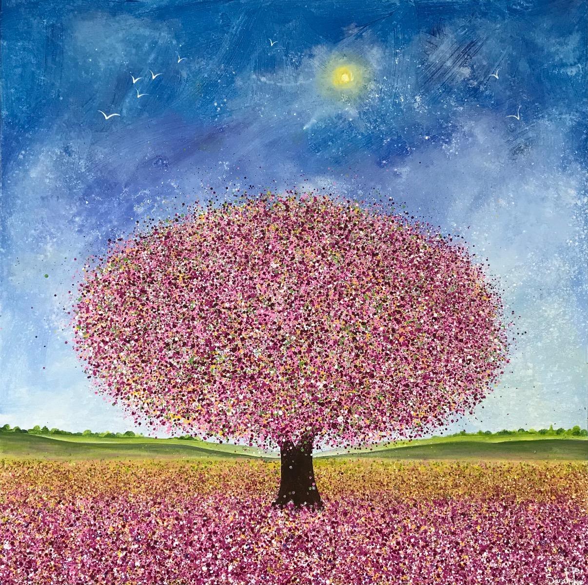 Ala blanca y flor de primavera, Pintura original, Paisaje, Arte arbóreo, Árbol rosa en venta 1