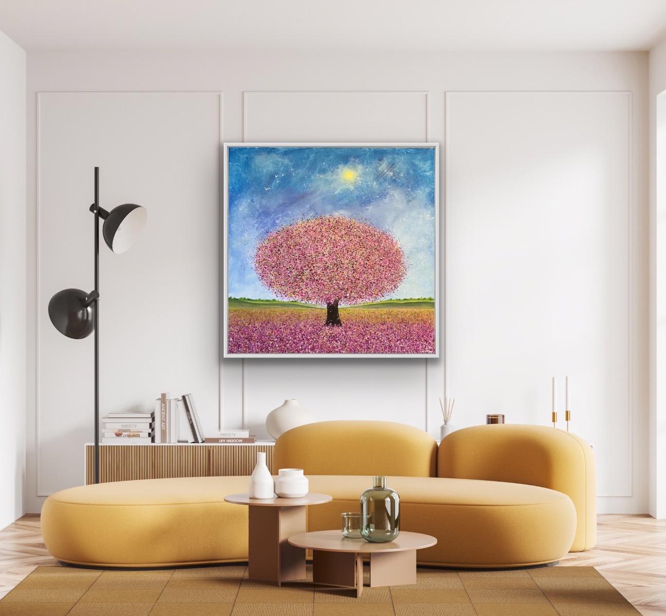 Ala blanca y flor de primavera, Pintura original, Paisaje, Arte arbóreo, Árbol rosa en venta 2