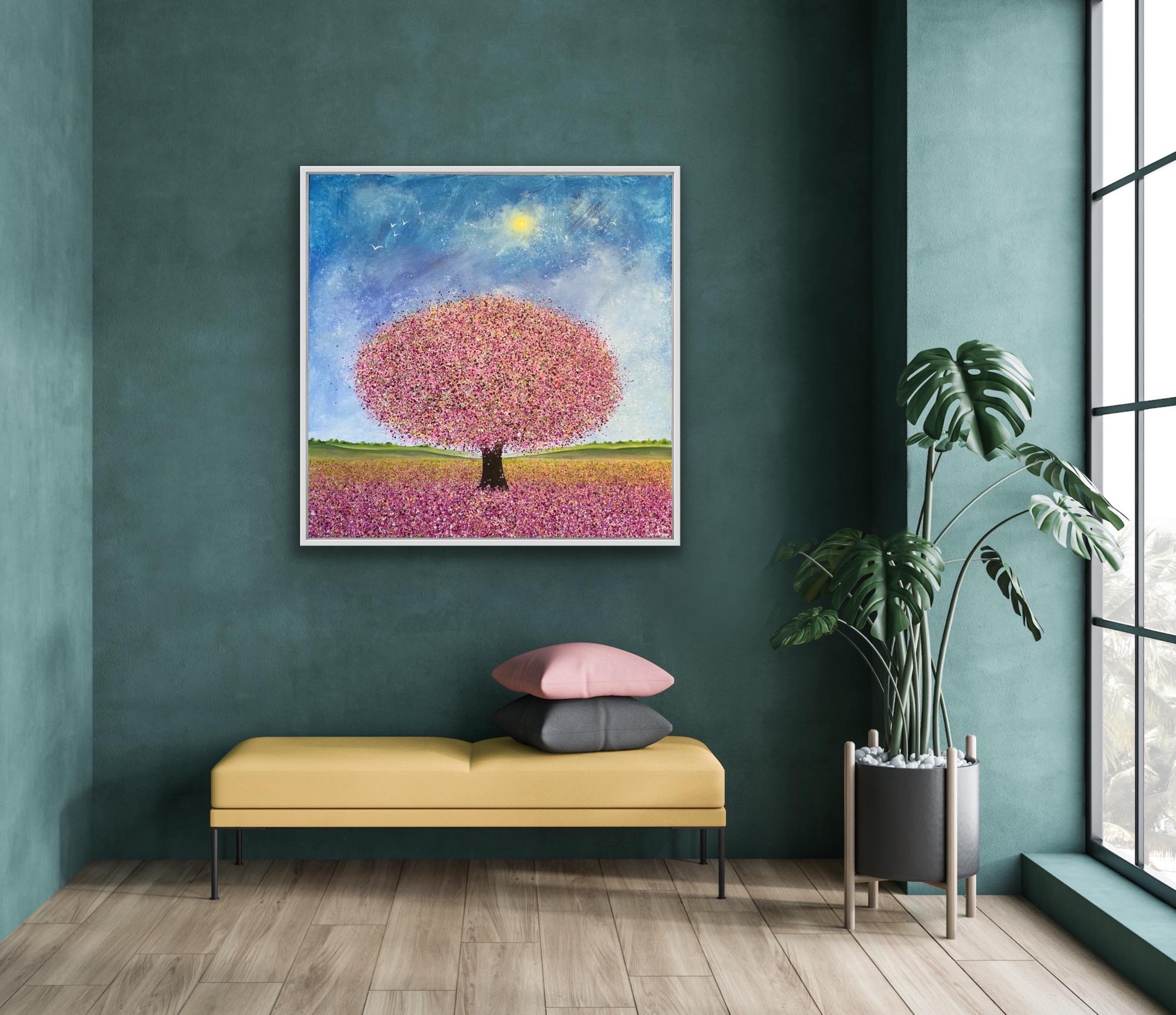 Ala blanca y flor de primavera, Pintura original, Paisaje, Arte arbóreo, Árbol rosa en venta 3