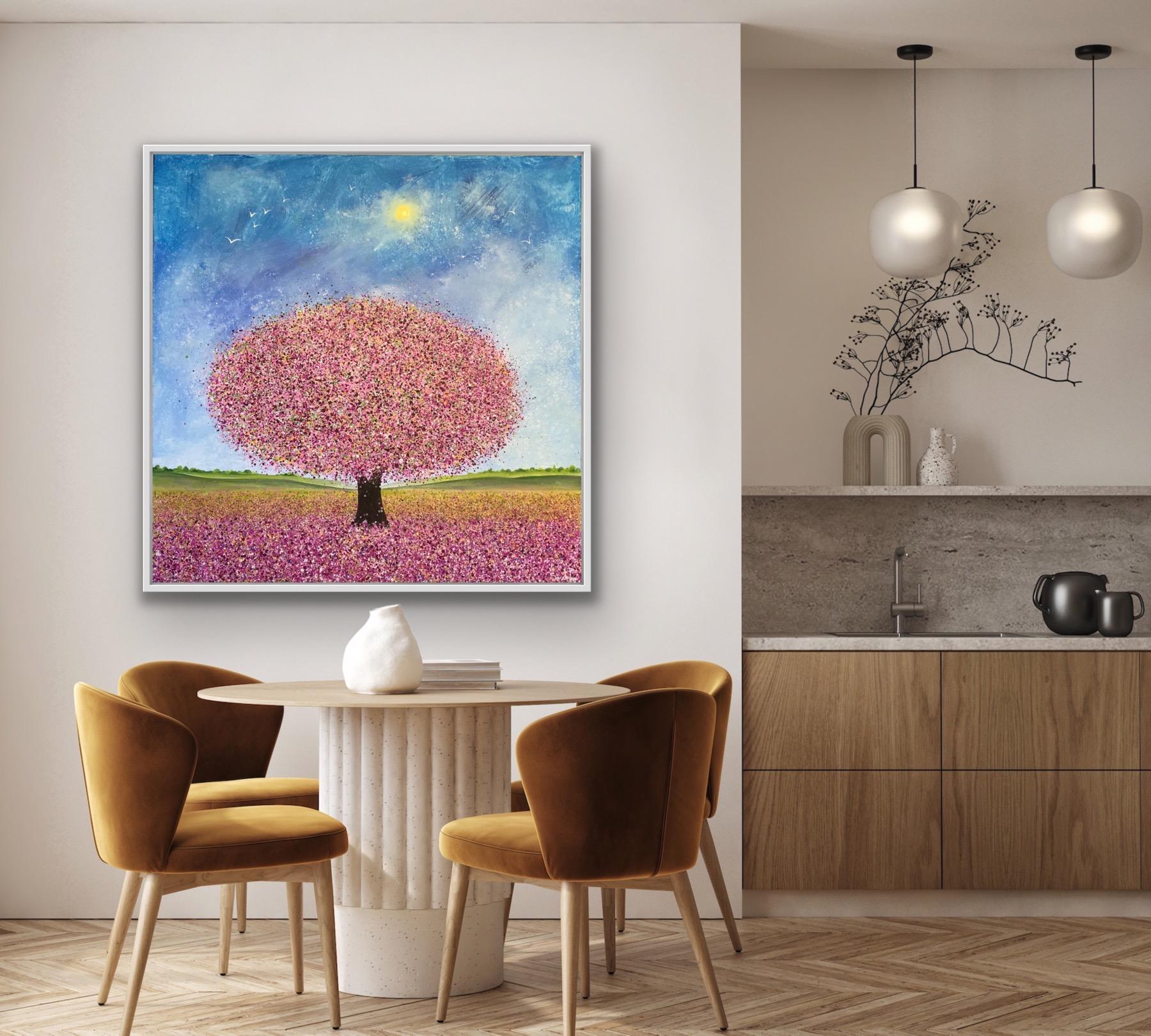 Ala blanca y flor de primavera, Pintura original, Paisaje, Arte arbóreo, Árbol rosa en venta 4