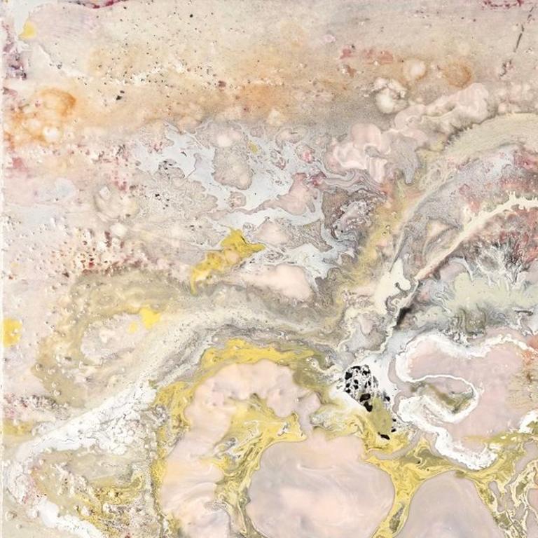 Agate and Alchemy by Sarah Raskey is a 30 x 30 inch mixed media abstract painting on canvas. 
Pale pink and ivory flow throughout ripples of yellow gold on a textured alchemical canvas.  

Sarah Raskey is a visionary artist, a licensed clinical