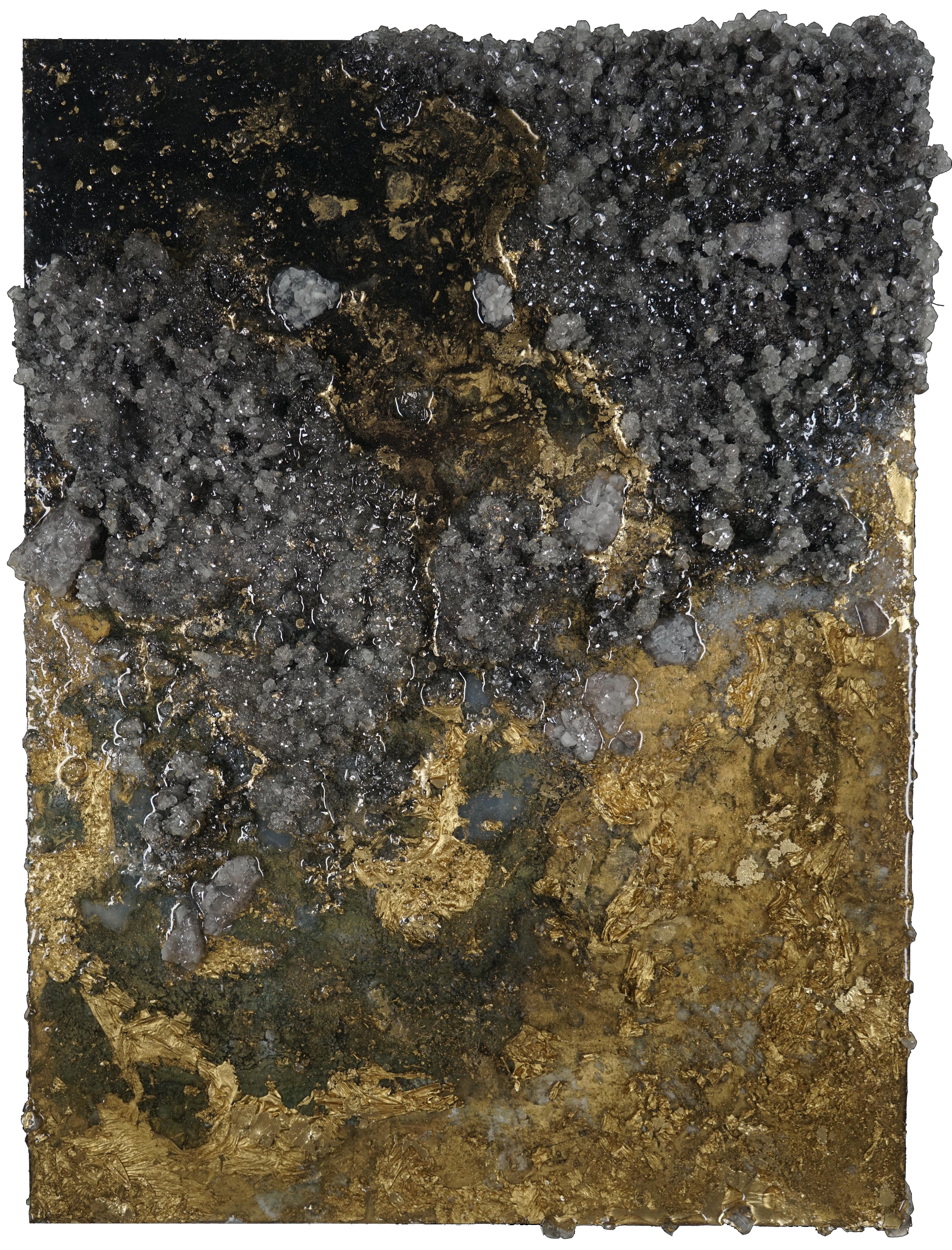 Crystal Terrain by Sarah Raskey is a 24 x 18 inch textured mixed media abstract sculptural painting on canvas. 
Heavily textured and encrusted with studio grown crystals and gold leaf. 

Sarah Raskey is a visionary artist, a licensed clinical