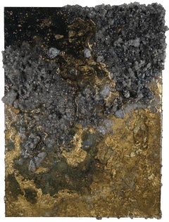 Crystal Terrain, Sarah Raskey. Black and gold. Crystal sculpture on canvas