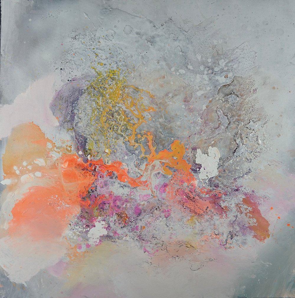 Dreaming In Prisms by Sarah Raskey is a 36 x 36 inch mixed media abstract painting on canvas. 
Pink, orange and yellow dance amongst a textured white and gray alchemical canvas.  

Sarah Raskey is a visionary artist, a licensed clinical professional