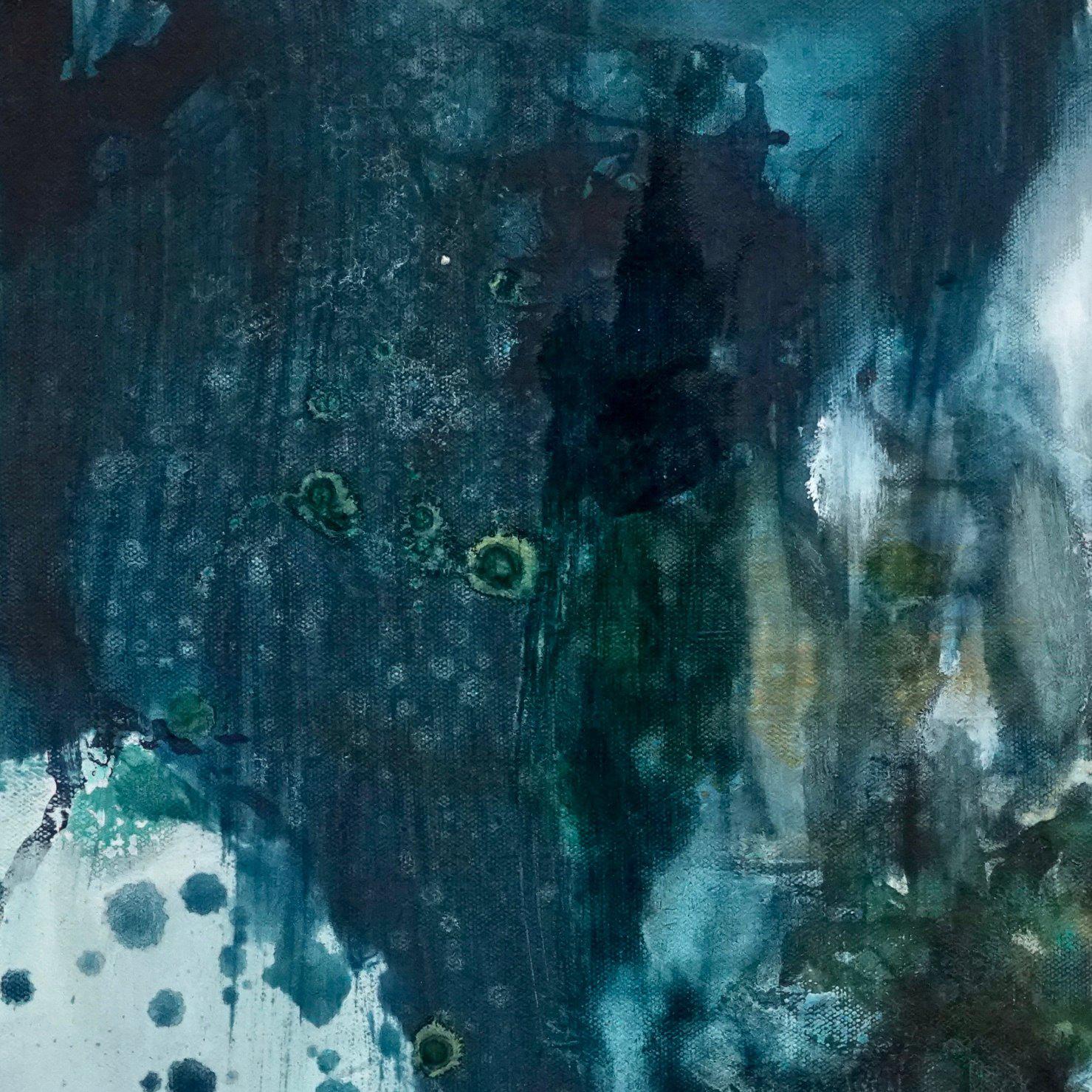 Promise of a New Morning, Sarah Raskey. Green and blue. Mixed media on canvas For Sale 1