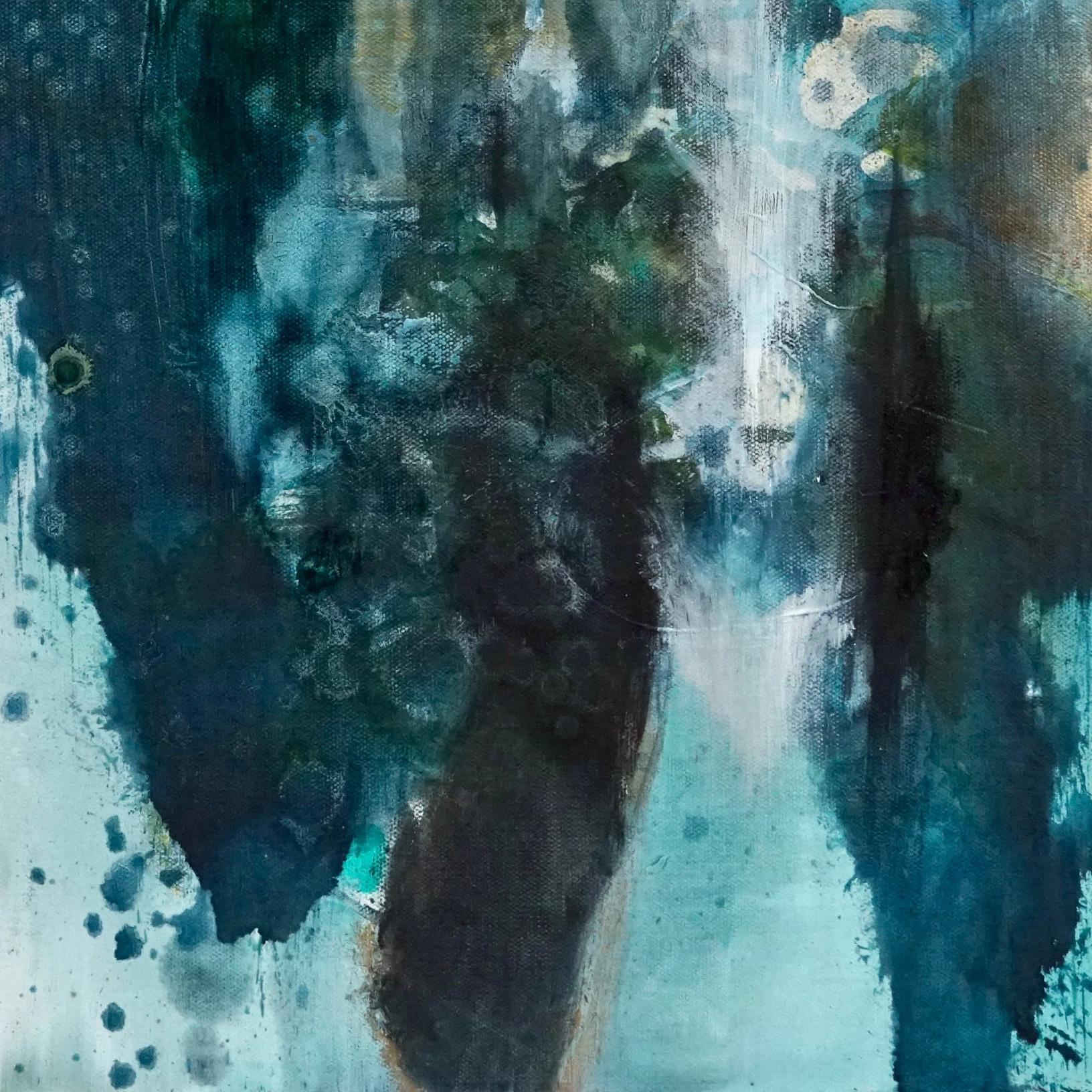 Promise of a New Morning, Sarah Raskey. Green and blue. Mixed media on canvas For Sale 2