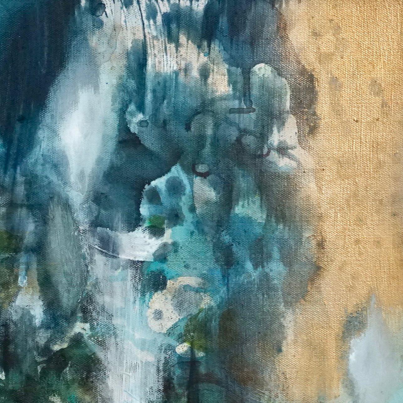 Promise of a New Morning, Sarah Raskey. Green and blue. Mixed media on canvas For Sale 3