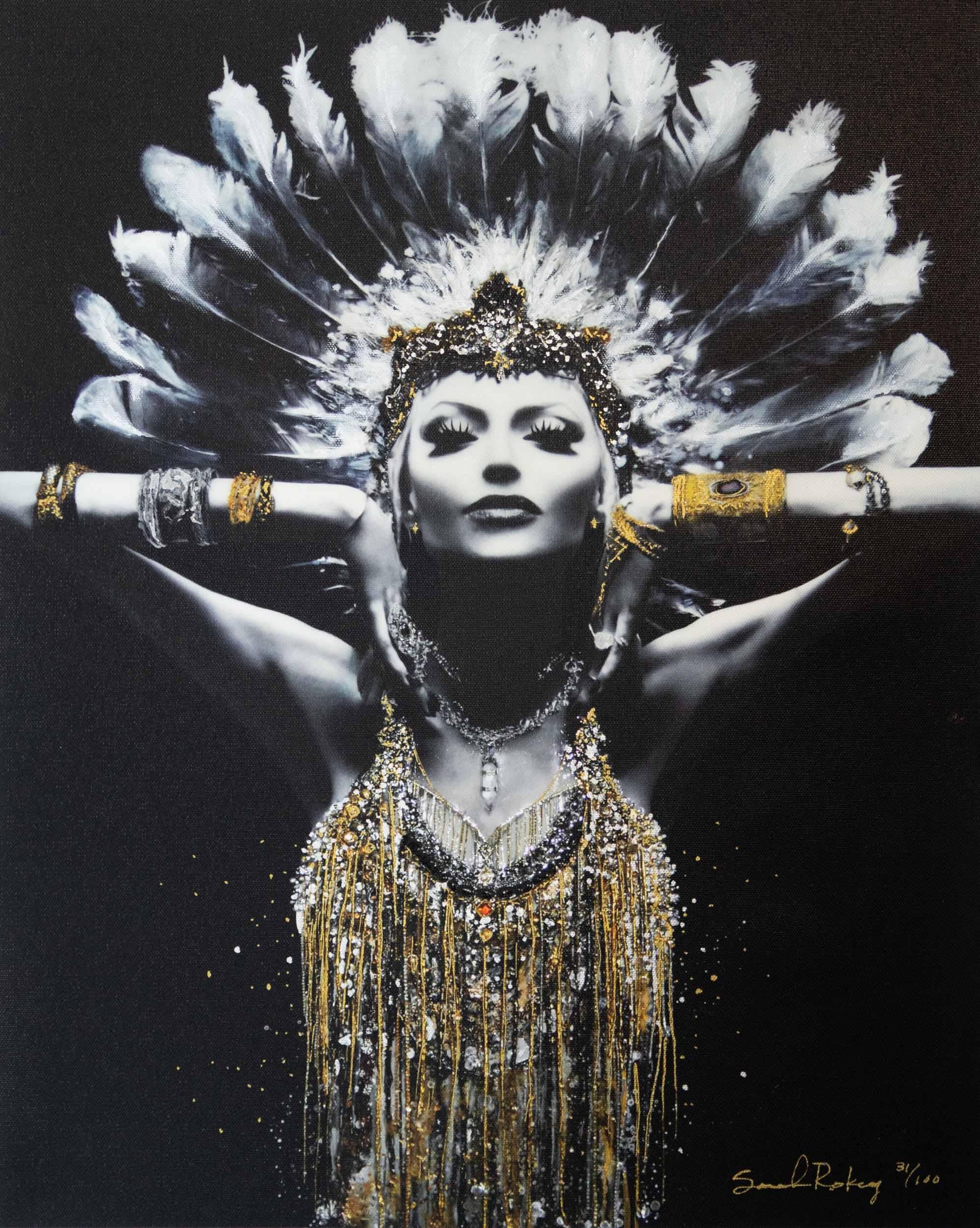 This is a hand embellished, unstretched canvas print of the original Lady Lucent of Awakening hanging at Hotel Allegro in Chicago.
16x20 inches and signed by the artist. 
Print is unstretched (not on stretcher bars) shipping flat and in lowest