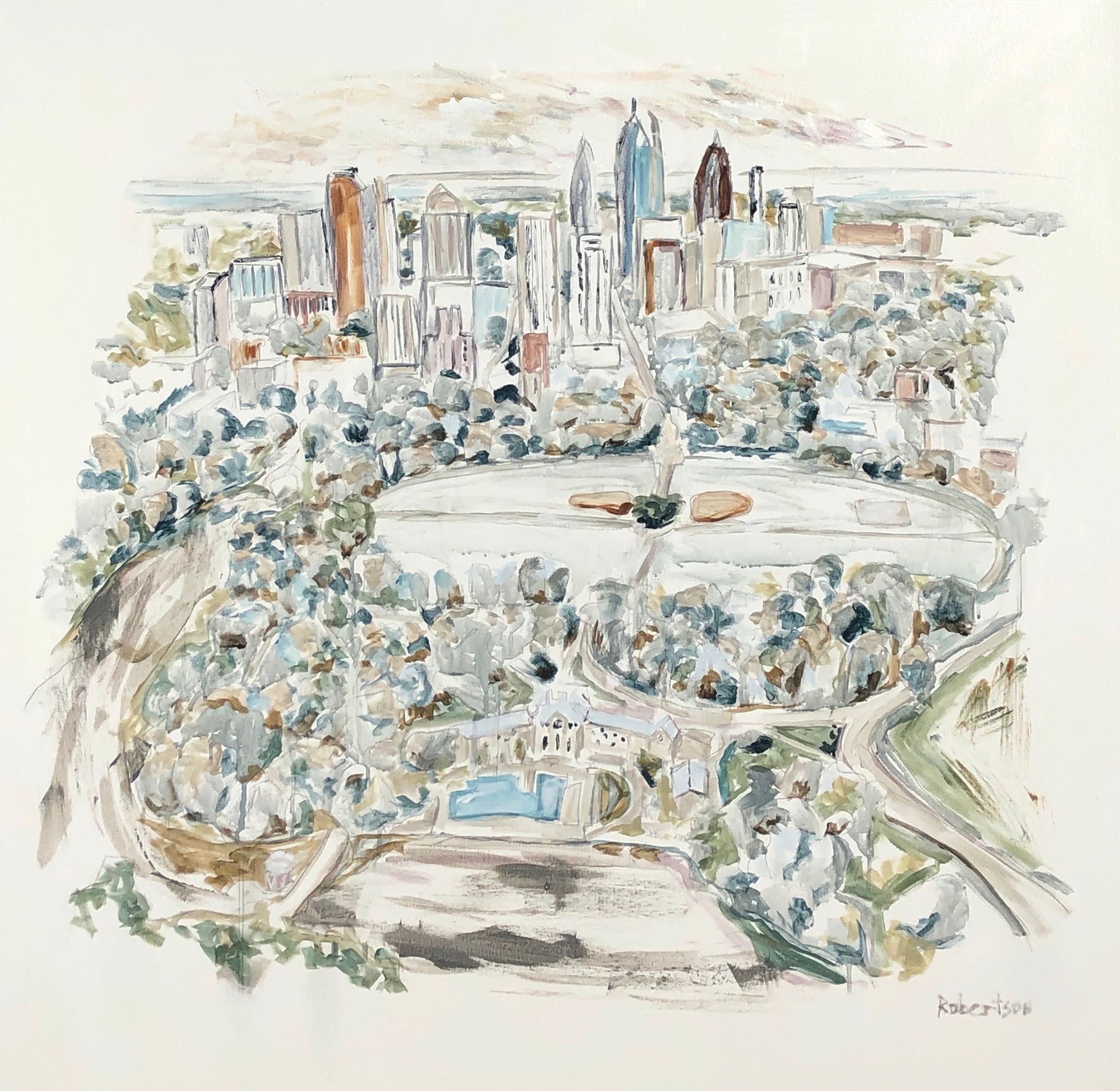 'Atlanta, Piedmont Park' is a medium size Impressionist mixed media on canvas landscape painting created by American artist Sarah Robertson in 2020. Featuring a soft palette playing beautifully with negative space, the painting depicts the elegant