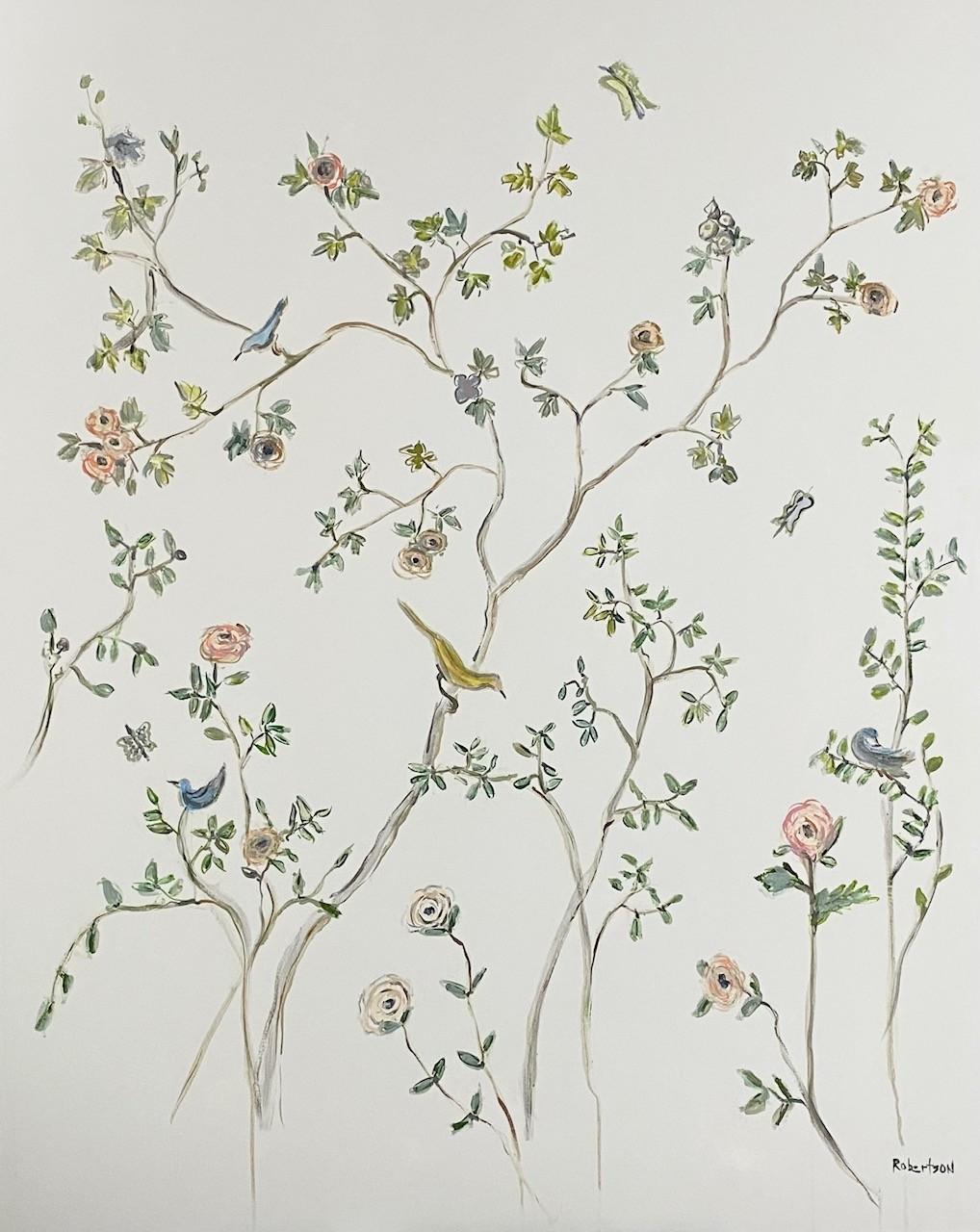 Santuario degli uccelli su greige di Sarah Robertson, pittura floreale verticale