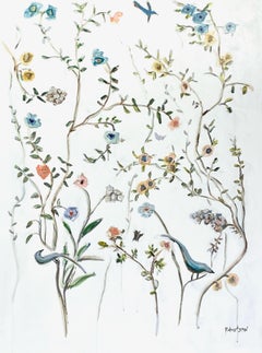 Jardin d'oiseaux bleus de Sarah Robertson, peinture florale technique mixte verticale 