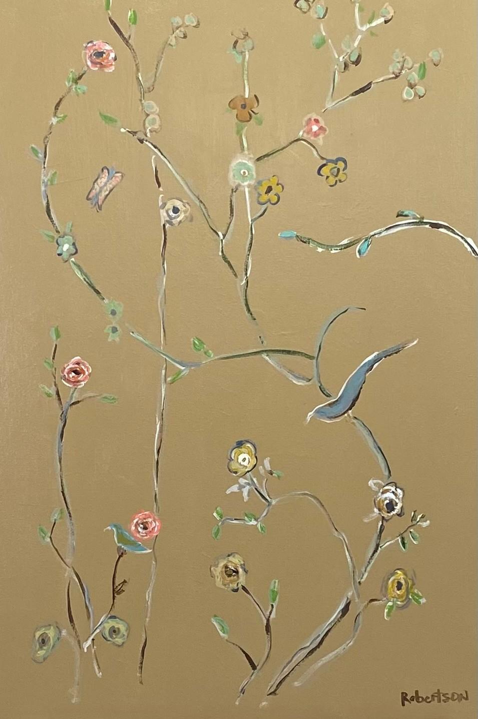 Jardín azul BIrd sobre dorado nº 1 de Sarah Robertson, Pintura floral vertical
