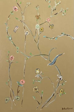 Blue BIrd Garden on Golden #1 by Sarah Robertson, Vertical Floral Painting