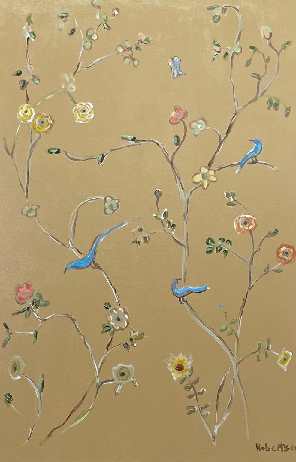 Sarah Robertson, Blue Bird Garden on Golden #2, 36 x 24 in, Mixed Media on Canvas
A companion to #1, Blue Bird Garden on Golden #2 features similar joyful tones of goldenrod and cobalt blue, with playful birds nestled among expressive foliage.