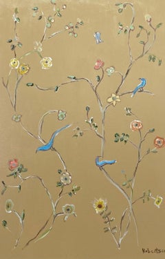 Blue BIrd Garden on Golden #2 by Sarah Robertson, Vertical Floral Painting