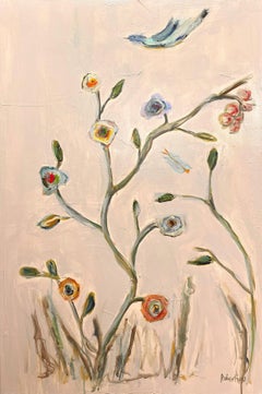 Blaue Vögel I von Sarah Robertson, Mischtechnik-Blumengemälde mit Rosa