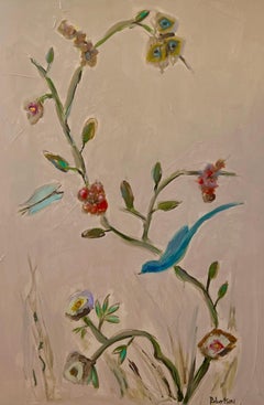 Blue Birds II by Sarah Robertson, Mixed Media Floral Painting with Pink