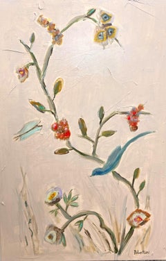 Blaue Vögel II von Sarah Robertson, Mischtechnik-Blumengemälde mit Rosa