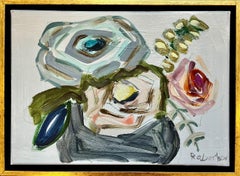 Blumenstrauß auf Grau von Sarah Robertson, kleines gerahmtes Gemälde in Mischtechnik in Mischtechnik