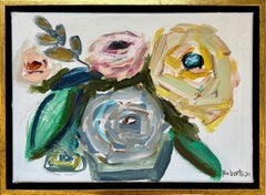 Blumenstrauß auf Weiß von Sarah Robertson, kleines gerahmtes Gemälde in Mischtechnik in Mischtechnik