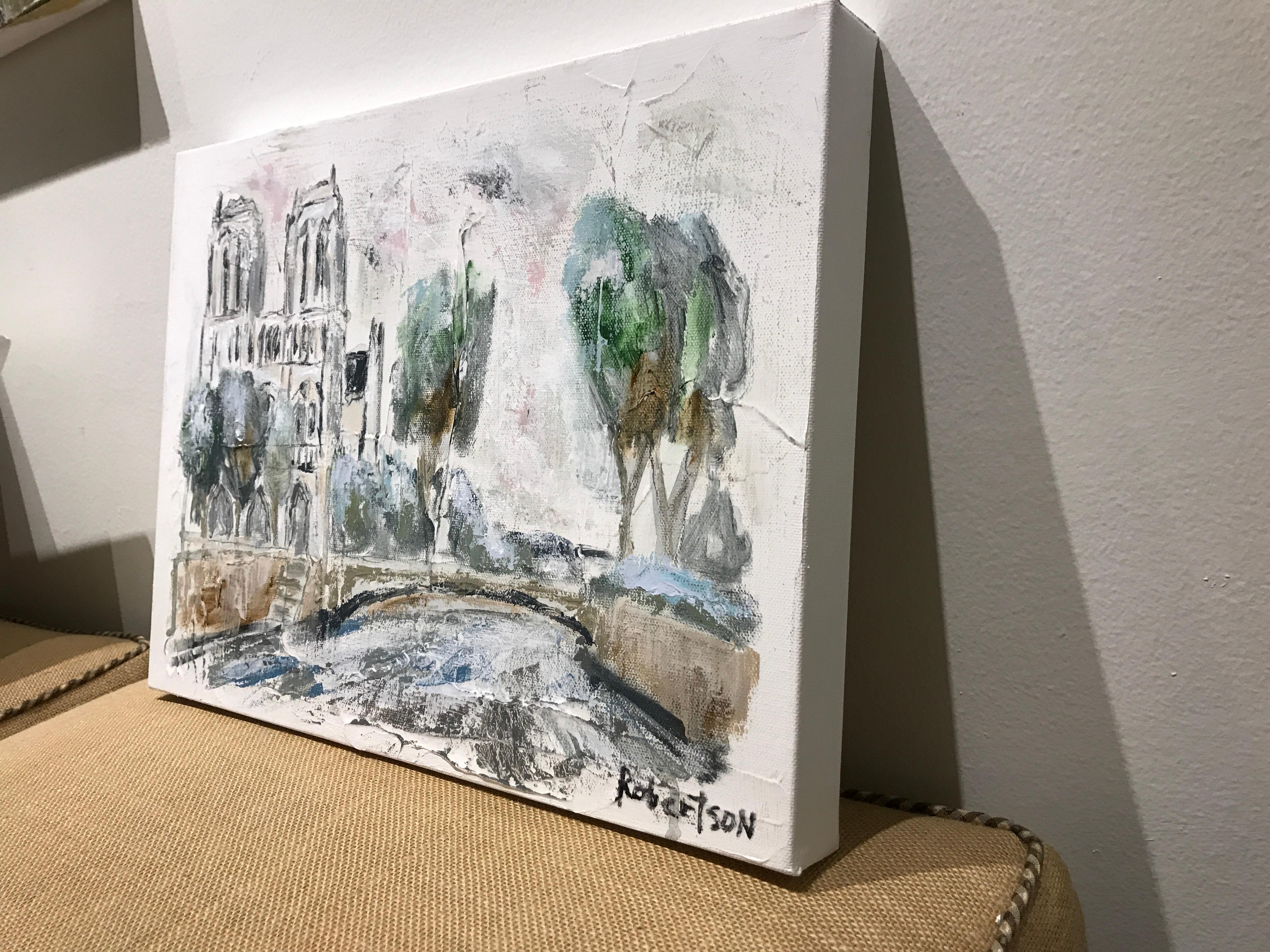'Cathedral Notre Dame de Paris' is a small Impressionist mixed media on canvas painting created by American artist Sarah Robertson in 2018. Depicting one of Paris' landmarks, the Cathedral Notre-Dame de Paris, the painting features a soft palette