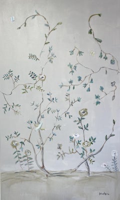 Jardin au crépuscule de Sarah Robertson, grande peinture florale verticale en techniques mixtes