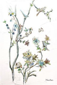 Garden Birds & Butterfly by Sarah Robertson, Mixed Media Floral Painting