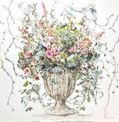 Garden Floral in Basket, Large Contemporary Floral Mixed Media Painting