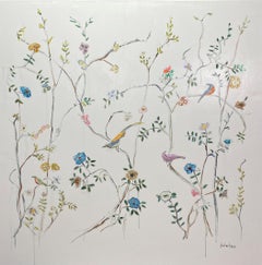 Garden of Birds by Sarah Robertson, Square Mixed Media Floral Painting