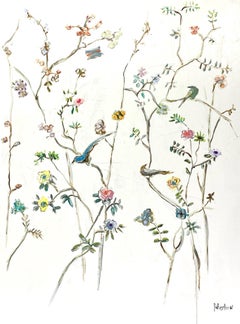 Jardin d'oiseaux de Sarah Robertson, peinture florale technique mixte verticale 