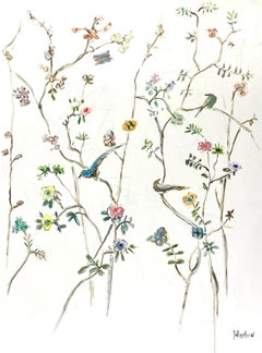 Garden of Birds by Sarah Robertson, Vertical Mixed Media Floral Painting